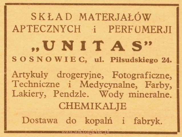 Plik:Reklama 1931 Sosnowiec Skład Materiałów Aptecznych i Perfumerii Unitas 01.jpg