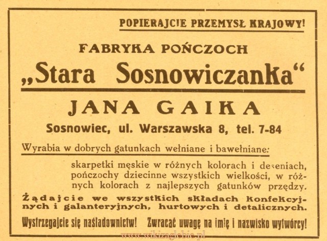 Plik:Reklama 1931 Sosnowiec Fabryka Pończoch Stara Sosnowiczanka Jan Gaik 01.jpg