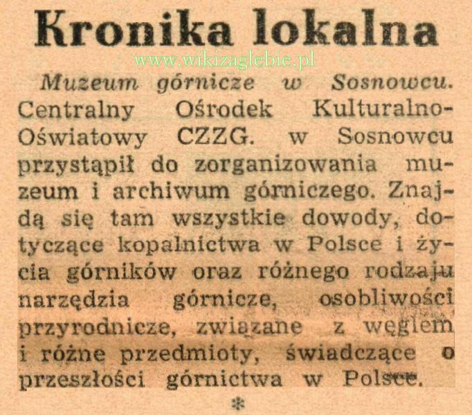 Plik:Sosnowiec Muzeum Górnictwa wycinek prasowy 1947.11.13 (cz).JPG