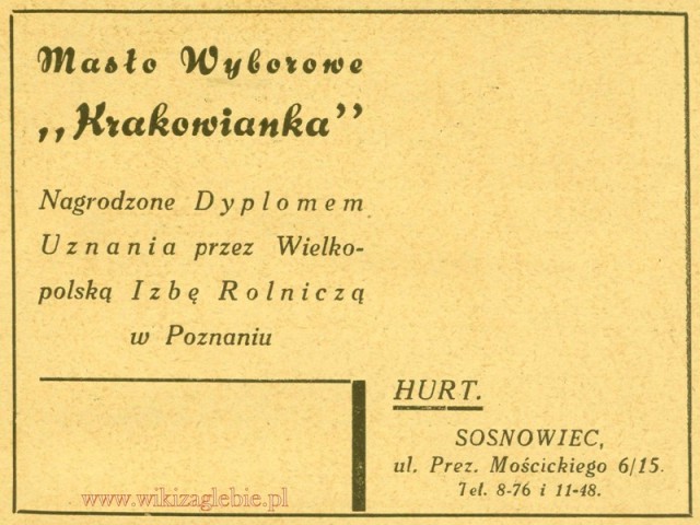 Plik:Reklama 1931 Sosnowiec Hurtownia Masła Krakowianka 01.jpg