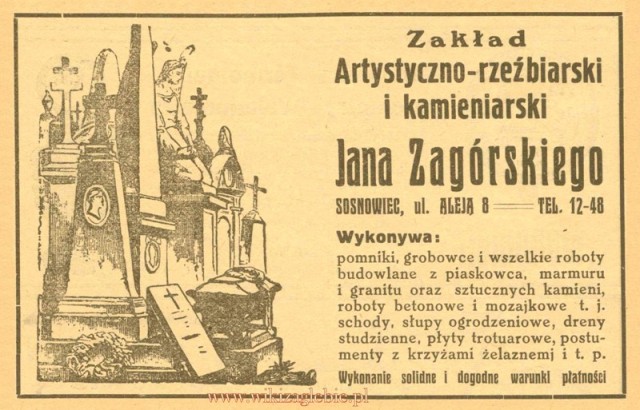 Plik:Reklama 1931 Sosnowiec Zakład Artystyczno Rzeźbiarski i Kamieniarski Jan Zagórski 01.jpg