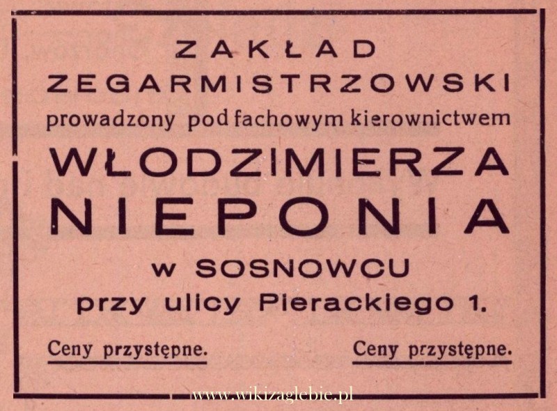 Plik:Reklama 1938 Sosnowiec Zakład Zegarmistrzowski Włodzimierz Niepoń 01.jpg
