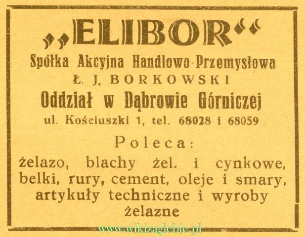 Plik:Reklama 1937 Dąbrowa Górnicza Spółka Akcyjna Handlowo-Przemysłowa Elibor L. J. Borkowski Oddział w Dąbrowie Górniczej 01.jpg