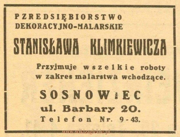Plik:Reklama 1931 Sosnowiec Przedsiębiorstwo Dekoracyjno-Malarskie Stanisław Klimkiewicz 01.jpg