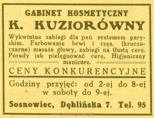Plik:Reklama 1931 Sosnowiec Zakład Kosmetyczny K. Kuziorówna 01.jpg