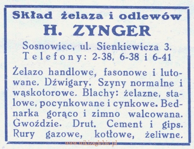 Plik:Reklama 1931 Sosnowiec Skład Żelaza i Odlewów H. Zynger 01.jpg