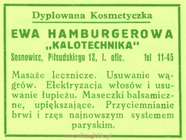 Plik:Reklama 1931 Sosnowiec Kalotechnika Dyplomowana Kosmetyczka Ewa Hamburgerowa 01.jpg