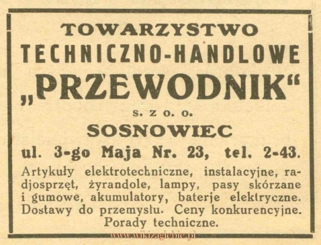 Plik:Reklama 1931 Sosnowiec Towarzystwo Techniczno-Handlowe Przewodnik Sp. z o.o. 01.jpg
