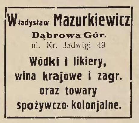 Plik:Dąbrowa Górnicza Sprzedaż Alkoholu i Towarów Kolonialnych Władysław Mazurkiewicz 1930 (01).JPG