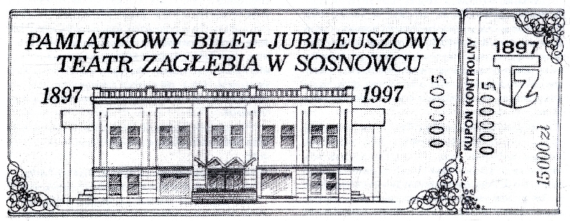 Pamiątkowy bilet jubileuszowy Teatru Zagłębia z okazji 100-lecia istnienia teatru