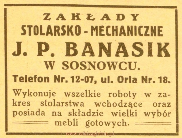 Plik:Reklama 1931 Sosnowiec Zakłady Stolarsko-Mechaniczne J.P. Banasik 01.jpg