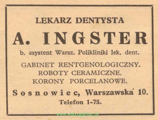 Plik:Reklama 1931 Sosnowiec Lekarz Dentysta A. Ingster 01.jpg