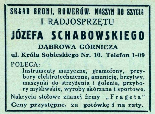 Plik:Reklama 1931 Dąbrowa Górnicza Skład Broni Rowerów Maszyn do szycia i Radiosprzętu Józef Schabowski 01.jpg