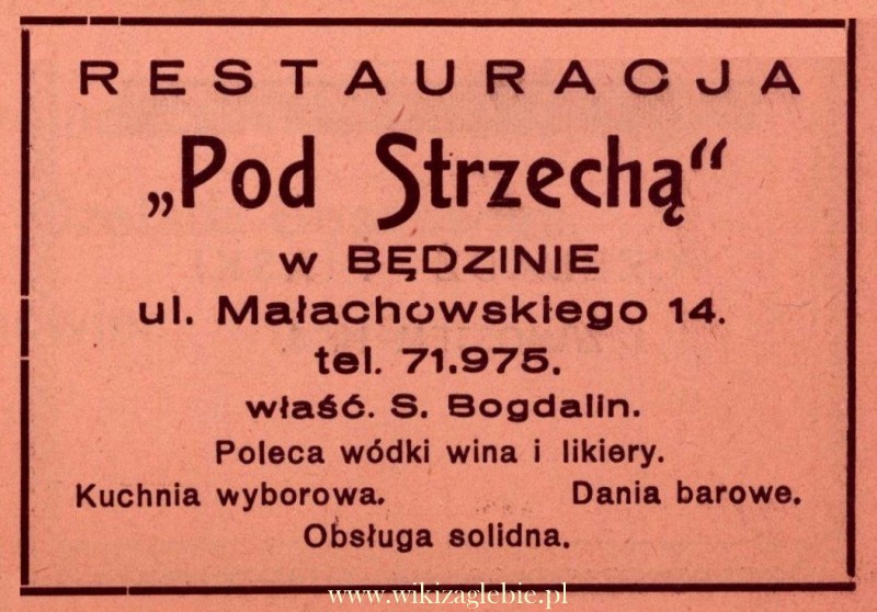 Plik:Reklama 1938 Będzin Restauracja Pod Strzechą S. Bogdalin 01.jpg