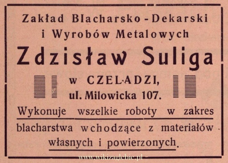 Plik:Reklama 1938 Czeladź Zakład Blacharsko-Dekarski Zdzisław Suliga 01.jpg