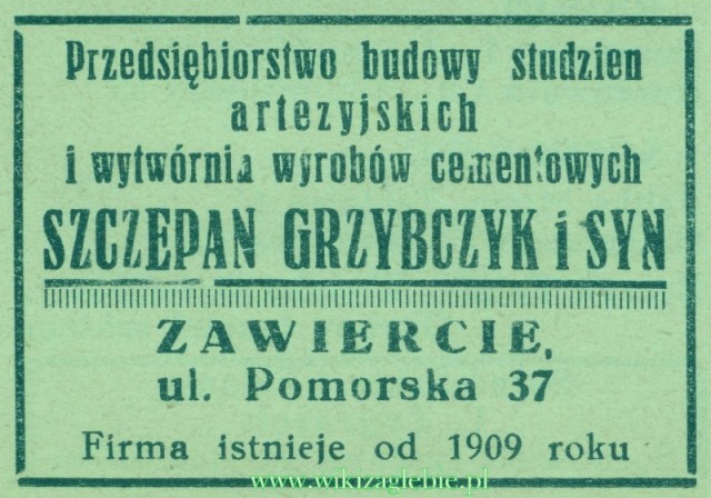 Plik:Reklama 1937 Zawiercie Przedsiębiorstwo Budowy Studzien Artezyjskich i Wytwórnia Wyrobów Cementowych Szczepan Grzybczyk i Syn 01.jpg