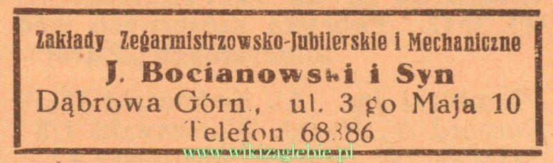 Plik:Reklama 1937 Dąbrowa Górnicza Zakłady Zegarmistrzowsko-Jubilereskie i Mechaniczne J. Bocianowski i Syn 01.jpg