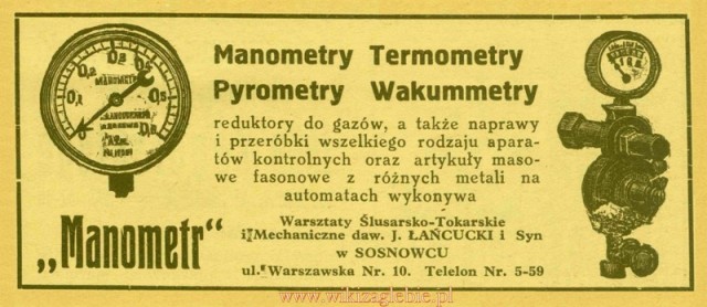 Plik:Reklama 1931 Sosnowiec Warsztaty Ślusarko-Tokarskie i Mechaniczne Manometr 01.jpg
