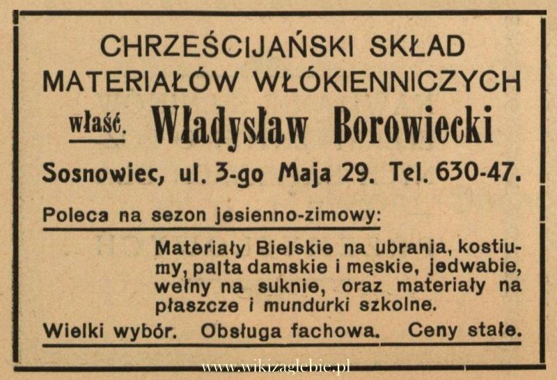 Plik:Reklama 1938 Sosnowiec Chrześcijański Skład Materiałów Włókienniczych Władysław Borowiecki 01.jpg