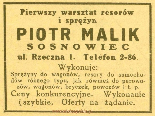 Plik:Reklama 1931 Sosnowiec Warsztat Resorów i Sprężyn Piotr Malik 01.jpg