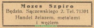 Reklama 1937 Będzin Handel Żelazem, Metalami i Węglem Mozes Szpiro 01.jpg