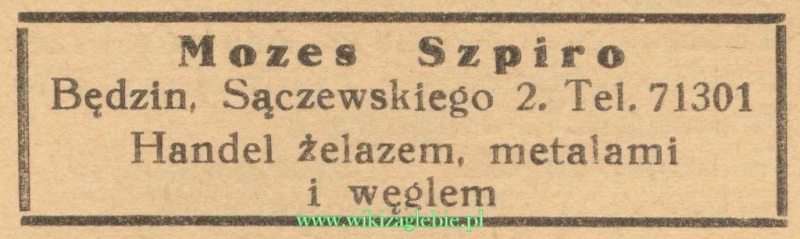 Plik:Reklama 1937 Będzin Handel Żelazem, Metalami i Węglem Mozes Szpiro 01.jpg