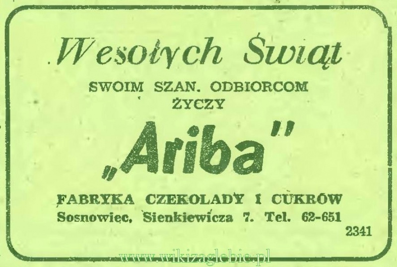 Plik:Reklama 1945 Sosnowiec Fabryka czekolady i Cukrów Ariba 01.JPG
