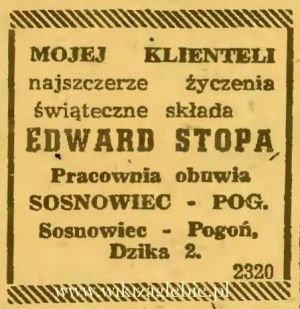 Reklama 1945 Sosnowiec Pracownia Obuwia Edward Stopa 01.JPG
