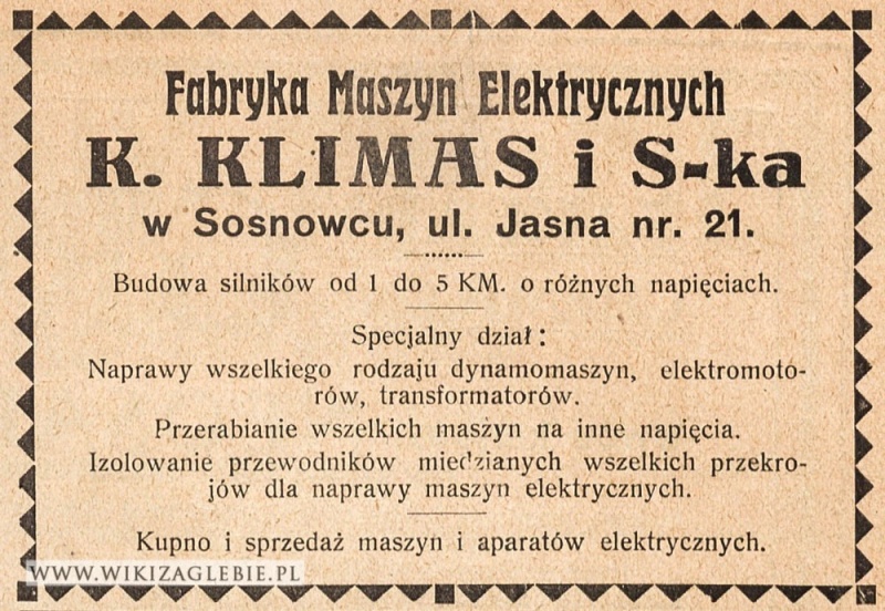 Plik:Reklama-1922-Sosnowiec-Fabryka-Maszyn-Elektrycznych-Klimas.jpg