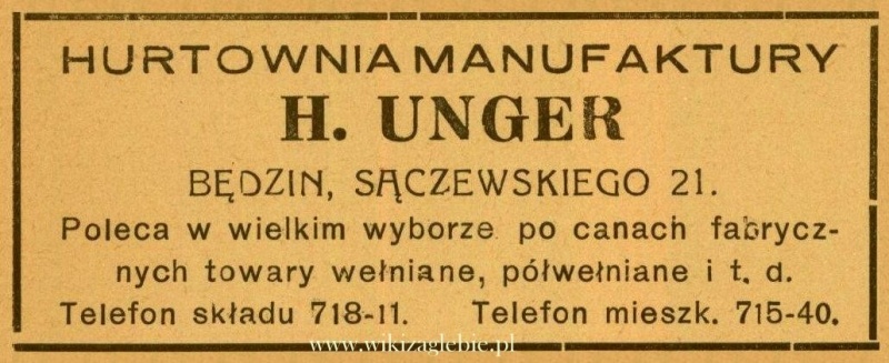 Plik:Reklama 1938 Będzin Hurtownia Manufaktury H. Unger 01.jpg