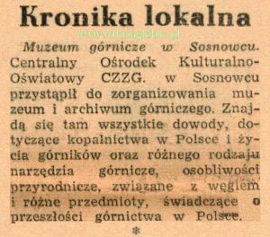 Sosnowiec Muzeum Górnictwa wycinek prasowy 1947.11.13 (cz).JPG