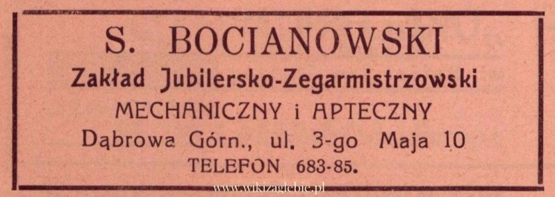 Plik:Reklama 1938 Dąbrowa Górnicza Zakład Jubilersko-Zegarmistrzowski S. Bocianowski 01.jpg