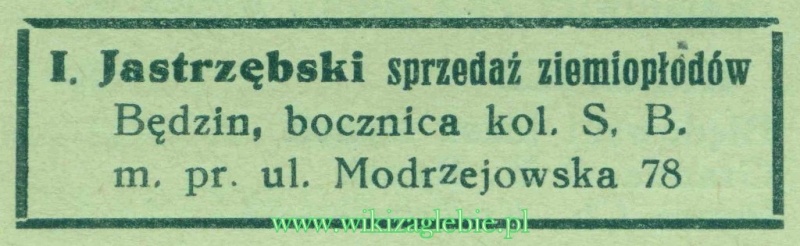 Plik:Reklama 1937 Będzin Sprzedaż Ziemiopłodów I. Jastrzębski 01.jpg