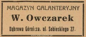 Reklama 1938 Dąbrowa Górnicza Magazyn Galanteryjny W. Owczarek 01.jpg