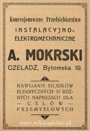 Reklama 1938 Czeladź Koncesjonowane Przedsiebiorstwo Instalacyjno-Elektromechaniczne A. Mokrski 01.jpg