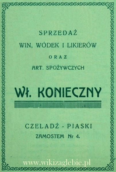 Plik:Reklama 1938 Czeladź Sprzedaż Win, Wódek i Likierów Wł. Konieczny 01.jpg