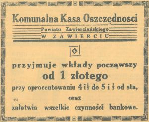 Reklama 1936 Zawiercie Komunalna Kasa Oszczędności.jpg