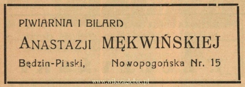 Plik:Reklama 1938 Będzin Piwiarnia i Bilard Anastazja Mękwińska 01.jpg