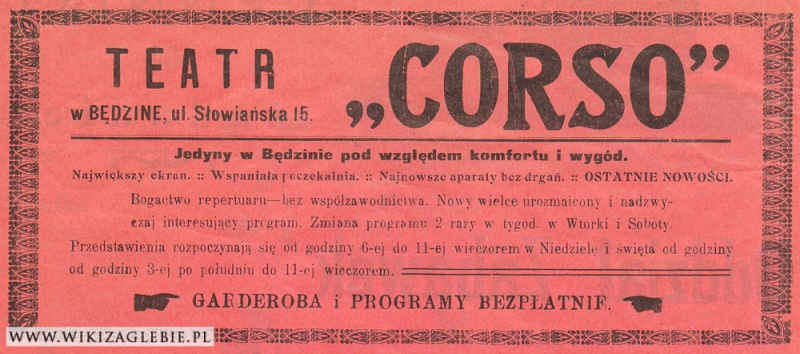 Plik:Reklama 1913 Będzin Teatr w Będzinie Corso.jpg