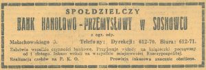 Reklama 1936 Sosnowiec Spółdzielczy Bank Handlowo-Przemysłowy (01).jpg