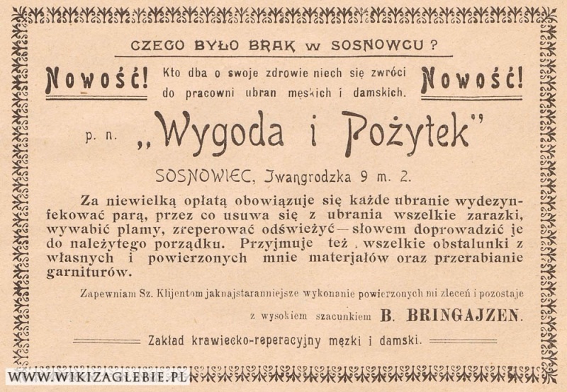 Plik:Reklama 1913 Sosnowiec Zakład krawiecki Wygoda i Pożytek.jpg