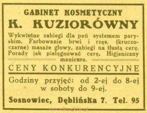 Reklama 1931 Sosnowiec Zakład Kosmetyczny K. Kuziorówna 01.jpg