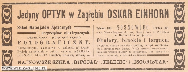 Plik:Reklama 1913 Sosnowiec Optyk Oskar Einhorn.jpg