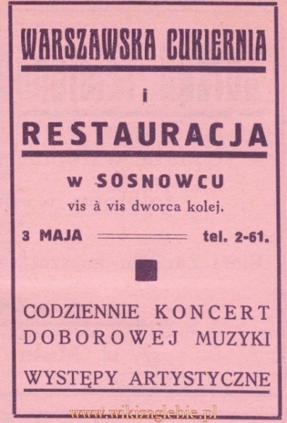 Plik:Reklama 1931 Sosnowiec Cukiernia Warszawska i Restauracja 01.jpg