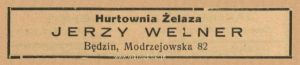 Reklama 1938 Będzin Hurtownia Żelaza Jerzy Welner 01.jpg