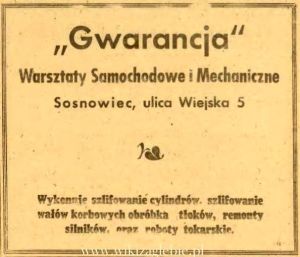 Reklama 1945 Sosnowiec Warsztaty Samochodowe i Mechaniczne Gwarancja 01.JPG