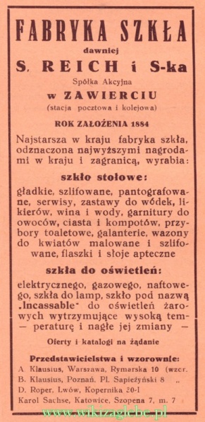 Plik:Reklama 1937 Zawiercie Fabryka Szkła d. S. Reich i S-ka 01.jpg