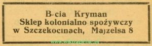 Reklama 1937 Szczekociny Sklep Kolonialno-Spożywczy B-cia Kryman 01.jpg