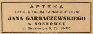 Reklama 1938 Sosnowiec Apteka Jan Garbaczewski 01.jpg