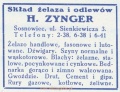 Reklama 1931 Sosnowiec Skład Żelaza i Odlewów H. Zynger 01.jpg